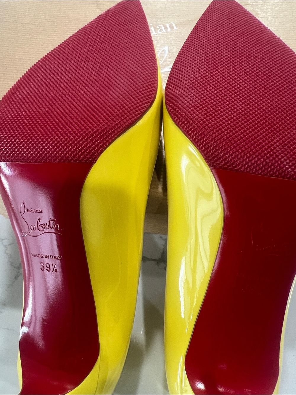 Christian Louboutin Yellow Patent Pointed Toe Pumps - Picture 11 of 16